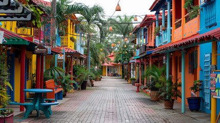 Naklejka premium Colorful Alleyway with Vibrant Colonial Architecture and Tropical Plants