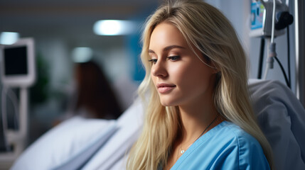 Obraz premium Young Female Nurse in Hospital Setting Reflecting Compassion and Dedication in Healthcare Environment