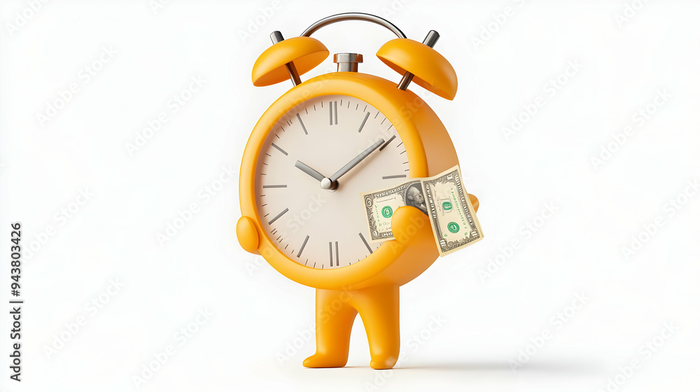 Poster 3d icon person with money clock concept as a person holding a clock with money set against a blank b
