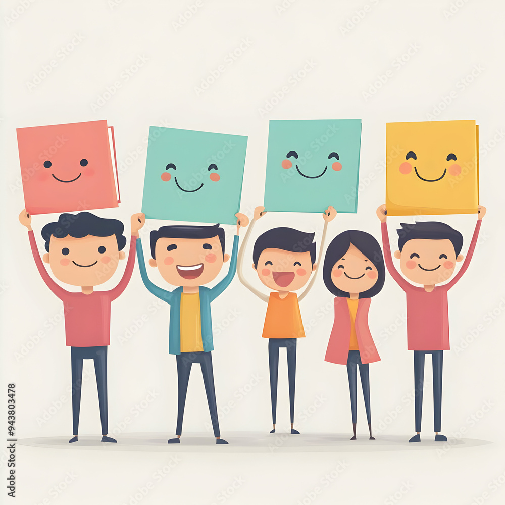 Aufkleber people with floating notepads and joyful faces concept as a group of people using floating notepads 