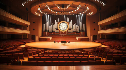 Obraz premium Grand Concert Hall Interior with Stage, Organ, and Modern Lighting