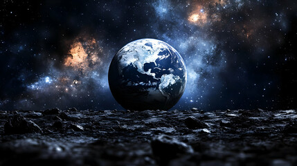 A view of Earth from a distant planet with a starry sky in the background.