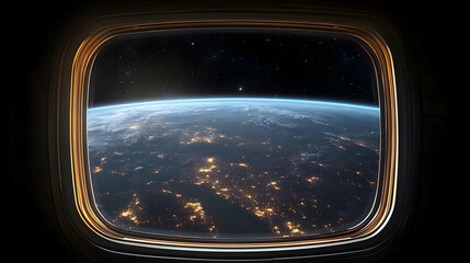 A view of Earth from a spacecraft window, showing a vast expanse of clouds, land, and city lights.