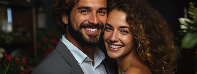 Smiling Couple Embraced, Radiant Faces, Warm Expressions, Stylish Outfits, Indoor Setting