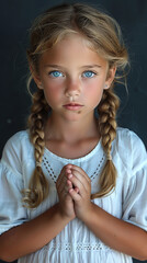 Portrait of a Young Girl with Braided Hair in Praying Hands Pose Against Dark Background