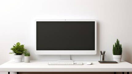 Minimalist White Desk with Computer, Plants, and Accessories