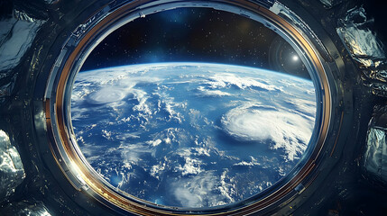 A view of Earth from a spaceship window, showing clouds, ocean, and the vastness of space.