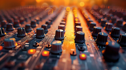 Close-Up of Audio Mixer Console with Focus on Knobs and Warm Bokeh Lighting