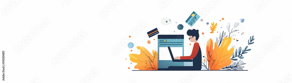 Poster person with credit card and laptop concept as a person using a credit card and laptop for financial 