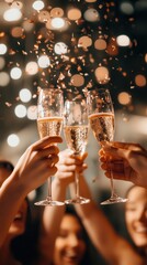 Friends raise their glasses of champagne, celebrating New Year's Eve with joy and confetti falling around them