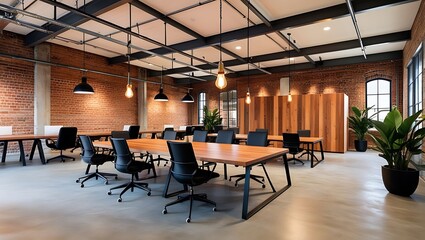 Fototapeta premium Transform your workspace with this striking industrial modern office design. This office design is perfect for those who appreciate the fusion of modern elegance with industrial grit. 