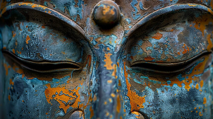 Close-Up of Weathered Buddha Statue with Rusty Texture in Serene Meditation