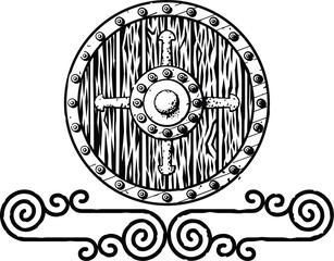Celtic Curved Spiral Lines Border, Header, Footer - Round Medieval Shield