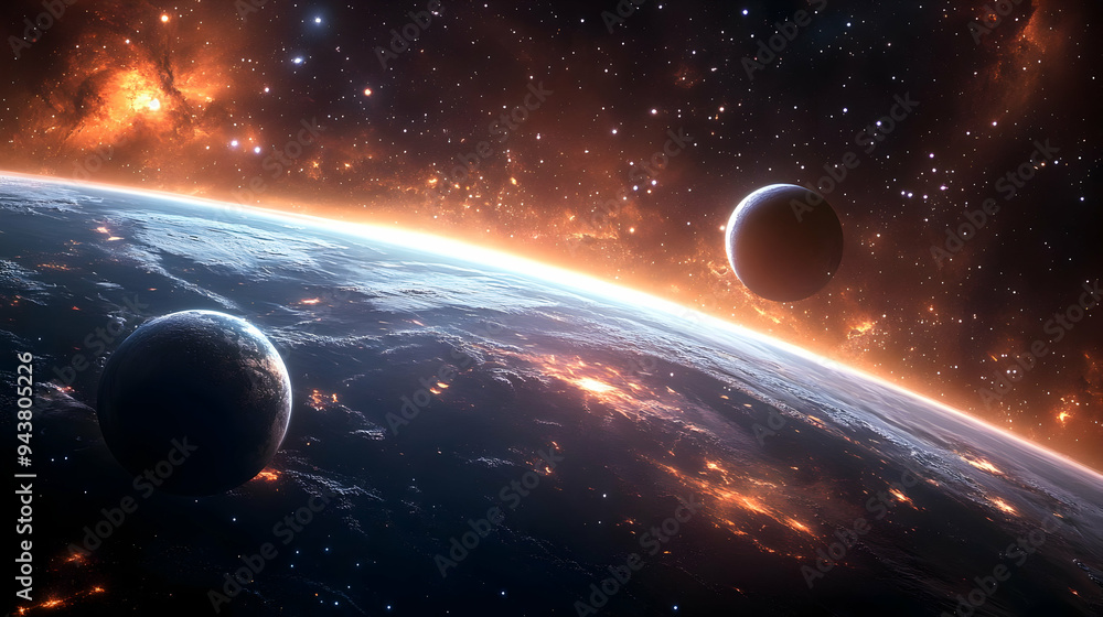 Poster a view of earth from space with a nebula and two moons.