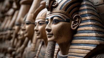 Intricate close-up of ancient Egyptian statues, showcasing detailed carvings and hieroglyphs, symbolizing timeless history and art.