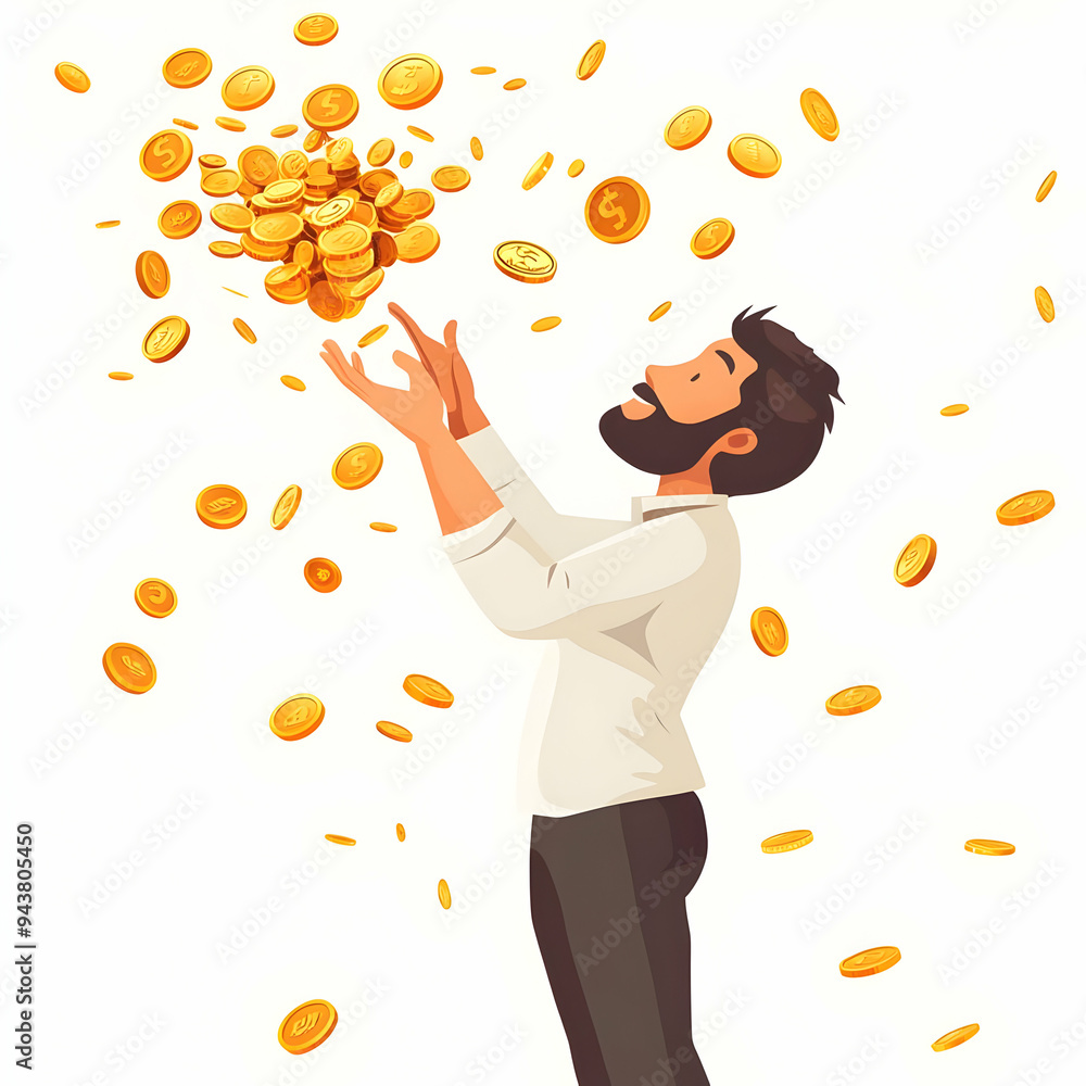 Poster person throwing gold coins concept as a person throwing gold coins into the air with a plain backgro