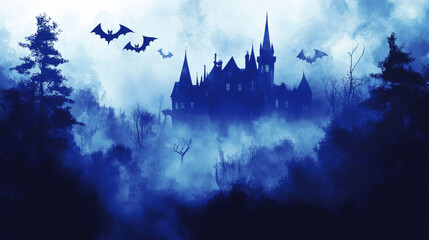 Obraz premium A dilapidated mansion, shrouded in dense mist, stands as bats swoop around its haunted turrets.