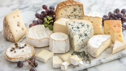 Artisanal cheese platter, white marble tabletop, variety of cheeses, brie, blue cheese, gouda, camembert, cheese wheel slices, soft and hard cheeses, rich textures, food styling.