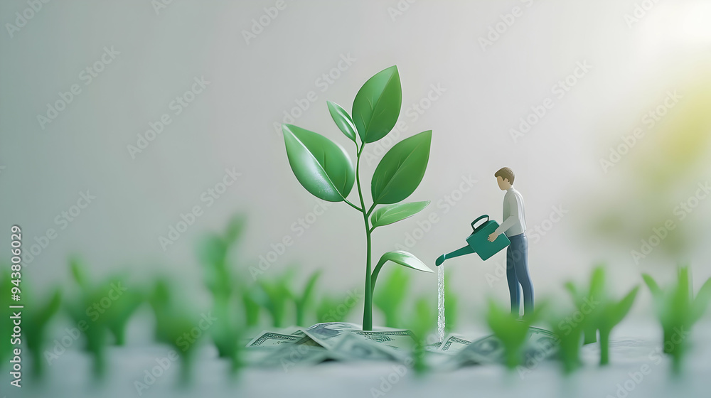 Wall mural 3d icon person watering money plant concept as a person watering a plant growing money with a clean 