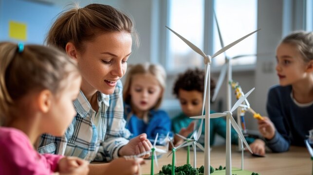 Teacher and Children Learning About Wind Energy
