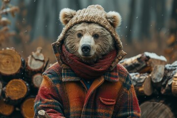 A brown bear dressed in a coat and scarf, appearing ready for winter weather