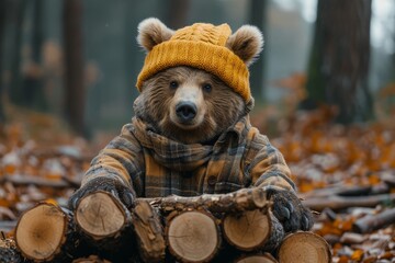A brown bear wearing a yellow hat and scarf while chopping wood
