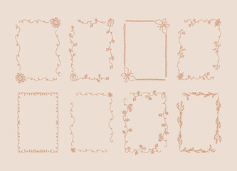 Collection of eight decorative whimsical autumn frames in line art style on a light background. Fall wedding, party, thanksgiving invitation. A4 card size. Vector hand drawn graphic set
