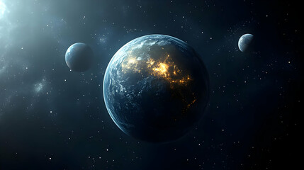 Fototapeta premium A view of Earth from space, with a bright light source in the background and two other planets in the distance.