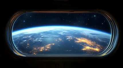 A view of Earth from space, with city lights glowing against the dark background.