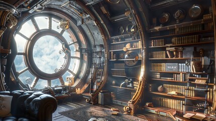 A cozy library featuring a large window, shelves filled with books, and an inviting atmosphere for reading and reflection.