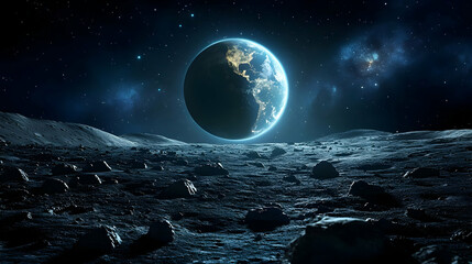 A view of Earth from the moon's surface, showing a rocky landscape and a starry sky.