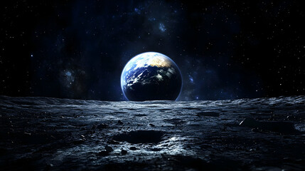 A view of Earth from the moon's surface with a starry night sky.