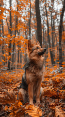 Cute Dog Sitting in Autumn Forest with Golden Leaves