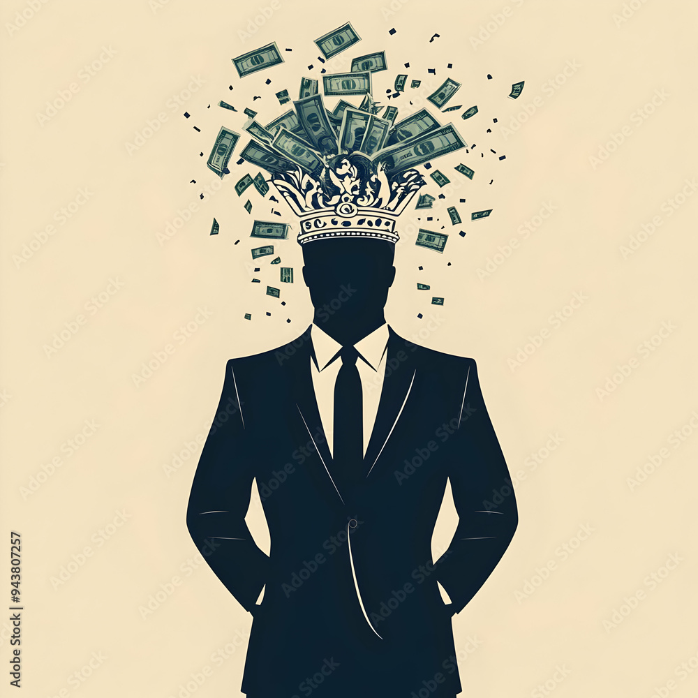 Poster person with money crown concept as a person wearing a crown made of money set against a clean backgr