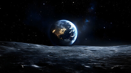 A view of Earth from the moon's surface, with stars in the background.