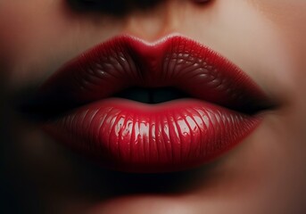 Obraz premium Red glossy female lips, seductive lips, macro shot