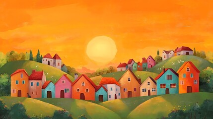 Naklejka premium Charming Cartoon Village: Colorful Houses and Rolling Hills under a Vibrant Orange Sunset Sky - Digital Painting with Cute and Simple Style