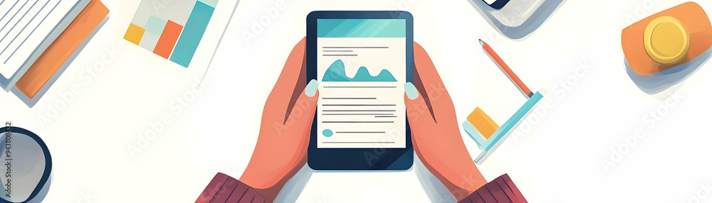 Poster person reviewing financial reports concept as a person reviewing financial reports on their phone wi
