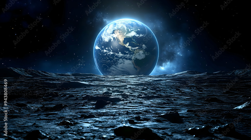 Poster a view of planet earth from the surface of the moon with a starry sky.