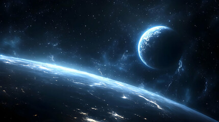 Obraz premium A view of planet Earth with a bright blue moon in the background.