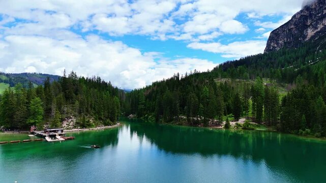 Aerial View of lago di Baries Dolomites Italy