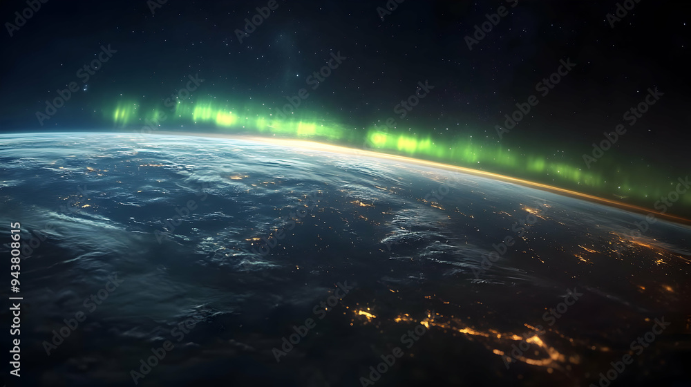 Poster a view of the earth from space with aurora borealis in the distance.