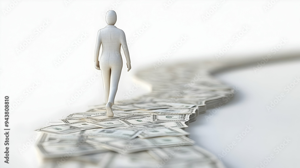 Poster 3d icon person walking on money path concept as a person walking on a path made of money with a clea