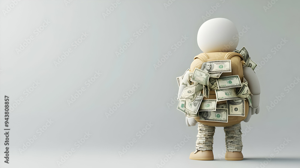 Poster 3d icon person with money backpack concept as a person with a backpack overflowing with money set ag