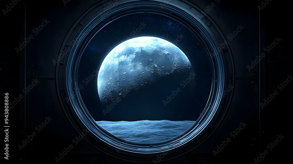 Poster a view of the moon through a spacecraft window.