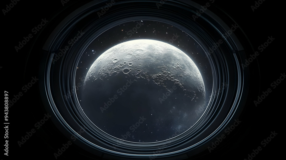 Poster a view of the moon through a spacecraft window.
