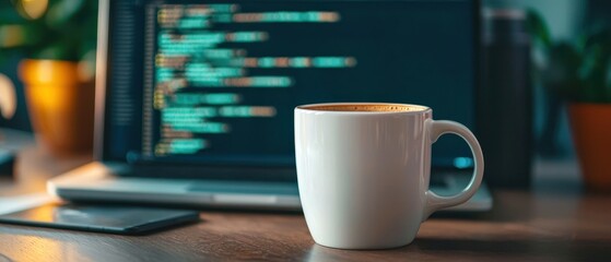 A cozy workspace featuring a white coffee mug beside a laptop with colorful code on the screen, perfect for productivity vibes.