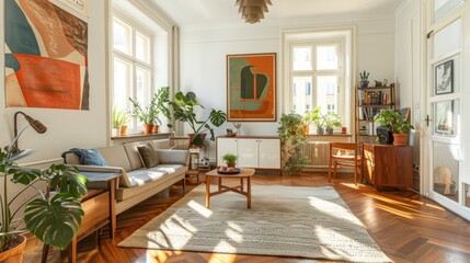 Stylish Scandinavian living room with designer furniture, plants, bamboo bookshelf and wooden table. Brown wooden parquet floor. Abstract painting on white wall..