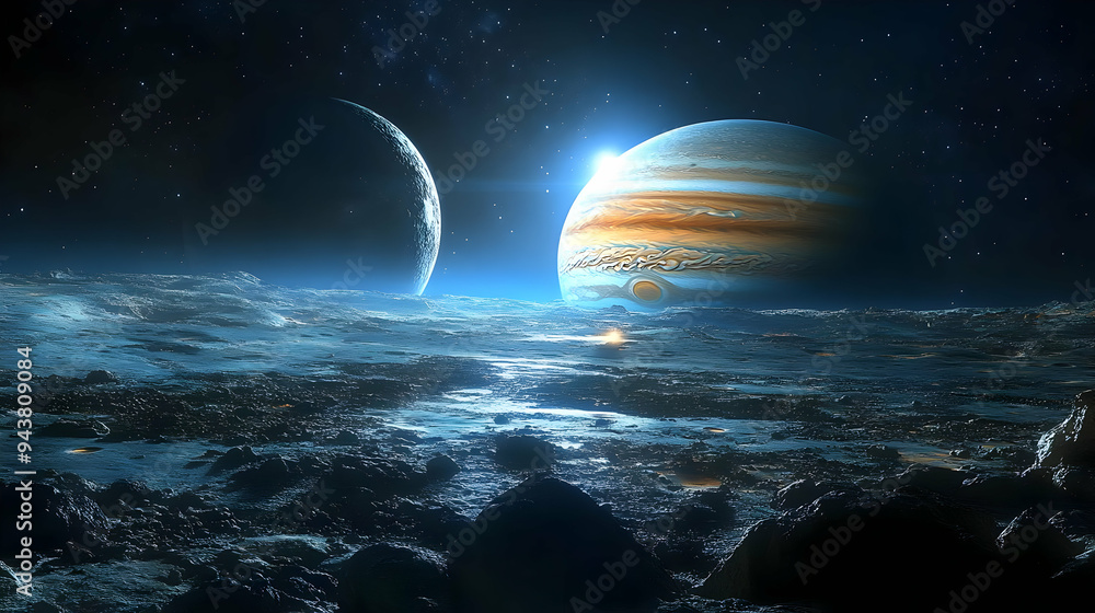 Poster a view of the surface of an alien planet with a gas giant in the distance.