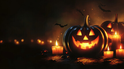 Fototapeta premium Carved pumpkins with eerie, twisted faces are softly illuminated by a scattering of glowing candles, set against a deep, dark background.